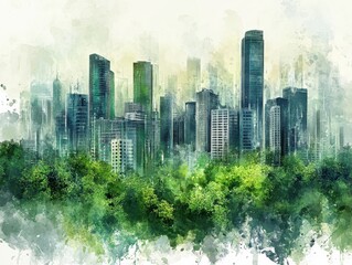 Naklejka premium Watercolor Cityscape Modern Skyline Emerging from Lush Greenery