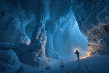 Enigmatic Ice Cave Exploration: A Solitary Figure Illuminates the Frozen Wonder of Nature's Chilling Beauty
