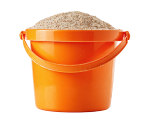 Vibrant orange beach pail filled with fine sand, perfect for building sandcastles and enjoying day at beach. This playful bucket evokes memories of summer fun and creativity