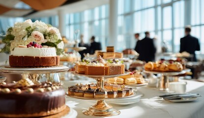 Naklejka premium Dessert buffet with cakes at event