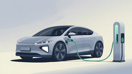 Flat Design Minimalist Electric Car Charging Station Illustration &ndash; Sustainable Energy, Clean Technology Vector 