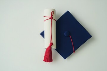 Rolled diploma tied with red tassel atop a navy blue graduation cap