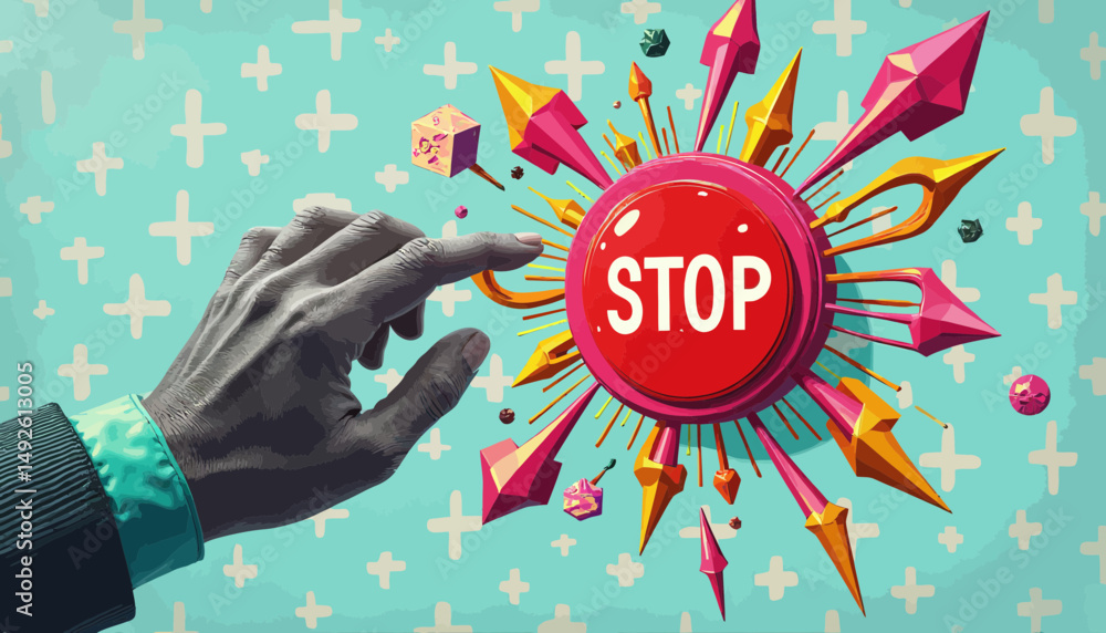 Poster hand pressing a red stop button in pixel art style
