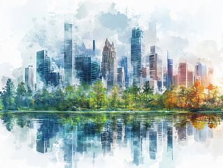 Obraz premium Watercolor Cityscape Reflection Autumn Trees and Modern Buildings