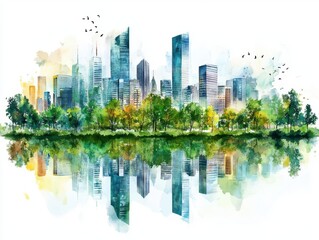 Obraz premium Watercolor Cityscape Reflection Vibrant Urban Landscape with Green Trees