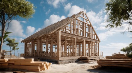Wooden house frame under construction in a sunny landscape. Ideal for construction, building, home, and exterior design stock photos