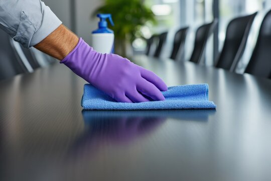 Close-up of a hand in a purple glove cleaning a dark office table with a blue cloth