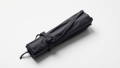 folded umbrella in charcoal recycled canvas, simple loop strap and clean structure, elegant and efficient, hyper realistic, isolated object, white background, product studio lighting, 8k ultra sharp