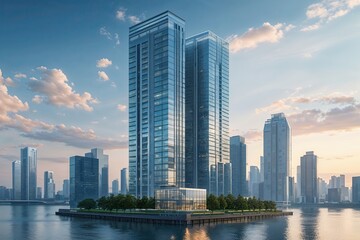 Fototapeta premium Skyscraper Symbolizing Business Growth and Efficiency Next to Small Office