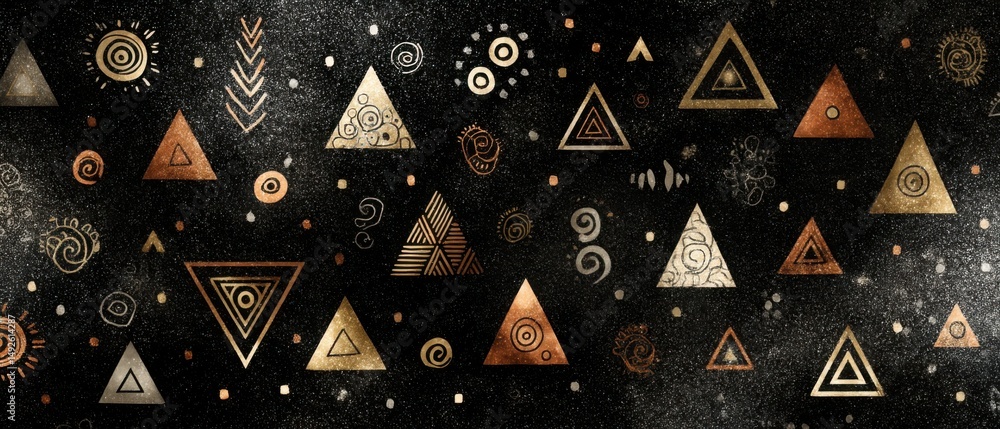 Poster geometric pattern on black background with gold triangles and decorative elements flat lay graphic d