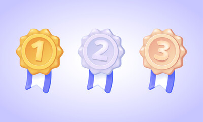 Set of gold, silver and bronze medals with numbers 1 2 3 and ribbons in cartoon pseudo 3d style, winner badges for ranking and award design – 3d vector illustration collection.
