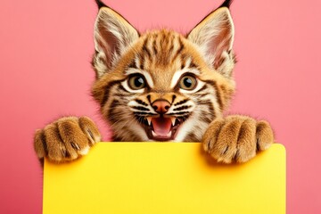 Animal with ad message. Holding sign beast idea. Isolated baby animal on a solid uniform pink background. Cute baby animal lynx hold in front paws a wireframe - large yellow zoo sign.