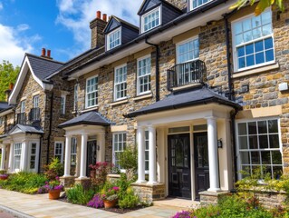 Row of upscale stone townhouses with manicured gardens on a sunny day exterior establishing shot in England