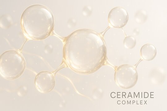 Artistic 3D molecular composition of ceramide, showcasing intricate structures and design elements related to biochemistry and skincare products.