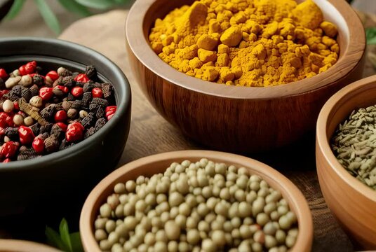 Variety of Spices in Wooden Bowls