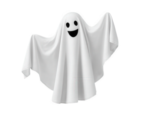 Playful ghost figure draped in white sheet with cheerful smile, perfect for Halloween decorations or festive events. This whimsical character adds fun touch to any spooky theme
