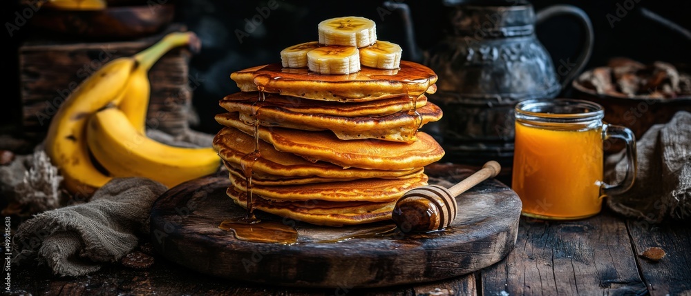 Poster stack of pancakes topped with banana slices drizzled with honey on rustic wooden surface, close up f