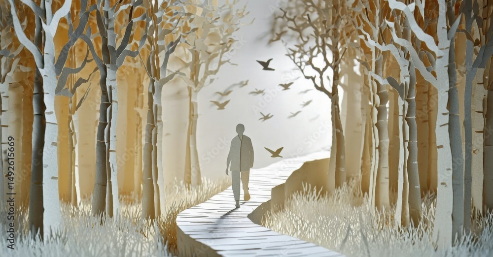 Poster papercraft forest scene. man walks path amid trees, birds fly above. bright light filters through br