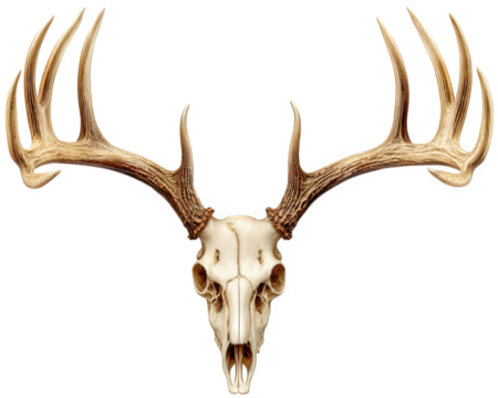 Deer skull with impressive antlers, showcasing intricate details and textures, is isolated against transparency background. This striking piece evokes sense of nature beauty and wild