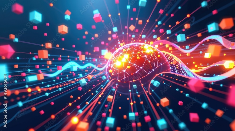 Poster futuristic digital network with glowing connected lines and vibrant data points over a dark backgrou