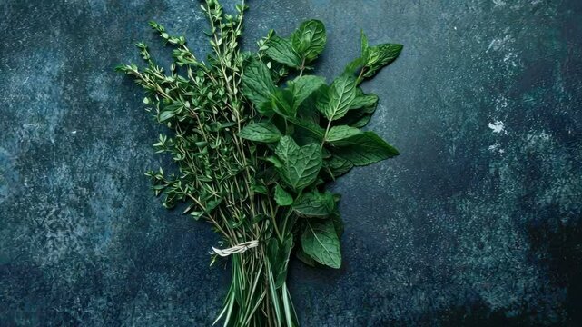 fresh thyme and mint herbs tied together on dark blue textured surface