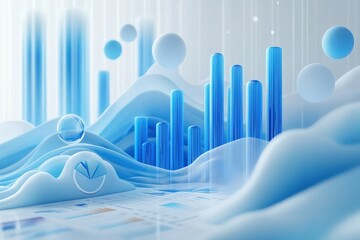 Abstract data visualization, light blue shapes, and graphs