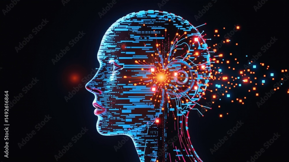 Poster futuristic digital human head with glowing neural connections and data streams representing artifici