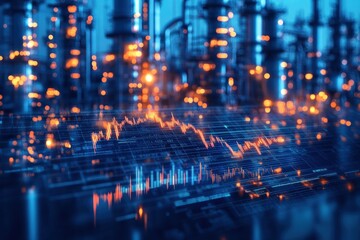 Obraz premium Industrial factory background with downward financial chart