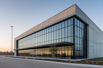 Fototapeta premium Modern Distribution Center with Unique Facade Featuring Large Windows and Contemporary Concrete Design