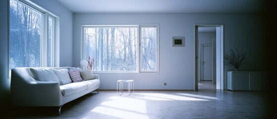 Fototapeta premium A minimalist living room bathed in soft natural light, featuring simple modern furnishings and a view of a wintry forest through large windows.