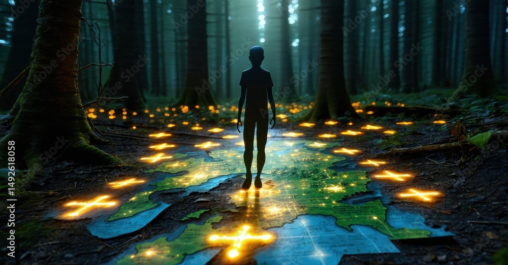 Poster dark forest scene. silhouette stands upon glowing map. mysterious symbols illuminate ground, creatin