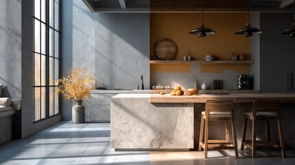 Modern kitchen design with concrete texture and stylish minimalist elements