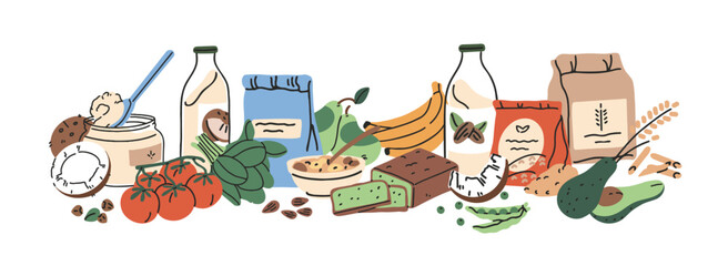 Heap of vegetarian food. Banner with lots of grocery products for vegans. Pile of eating for healthy nutrition. Different milk, vegetables, fruit, soy. Flat isolated vector illustration on white
