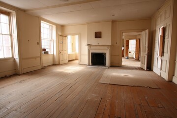 Empty room with fireplace and hardwood flooring