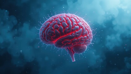 3D Representation of a Glowing Brain Surrounded by Digital Elements and Abstract Background