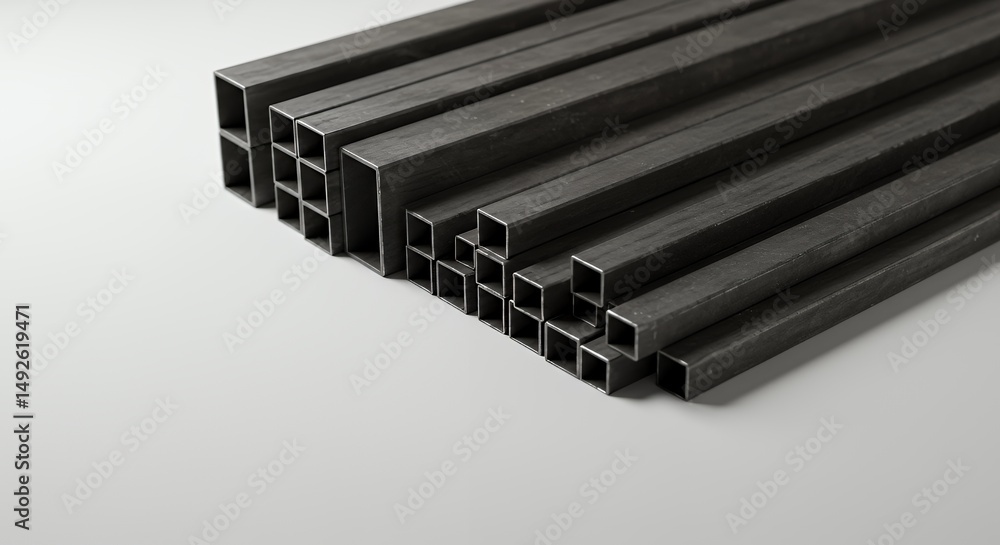 Poster assorted rectangular metal tubes arranged diagonally with varied sizes on white background in a stil