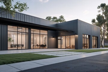 Obraz premium Contemporary Industrial Architecture Featuring Minimalist Warehouse Exterior and Office Unit