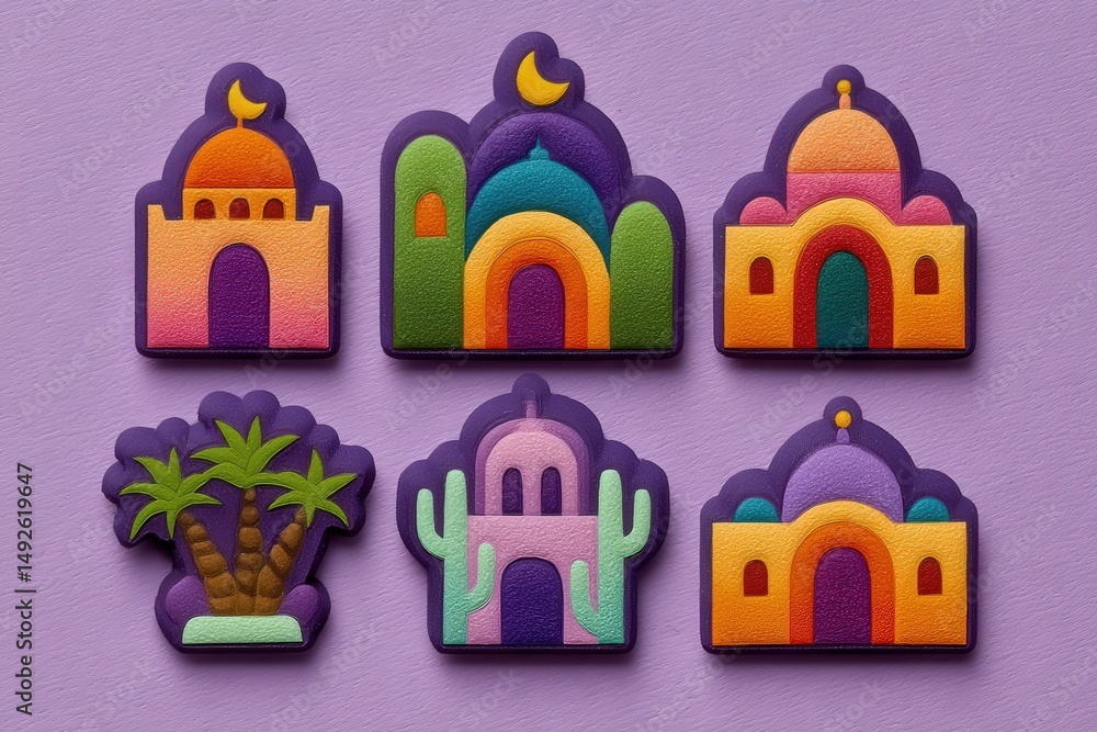Poster colorful and playful representation of geometric buildings and palm trees set against a soft purple 