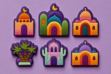 Colorful and playful representation of geometric buildings and palm trees set against a soft purple background showcasing artistic design elements and vibrant forms suitable for modern decor
