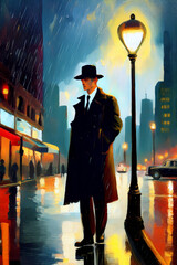 Painting style image of man wearing mac jacket and fedora hat  standing under street light on rain-soaked at street at night time in city in USA in 1950s