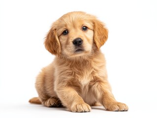 a golden retriever puppy sitting and looking at camera, isolated on a white background