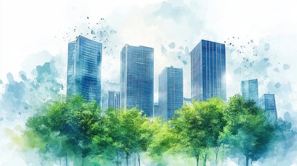 Obraz premium Watercolor Cityscape with Lush Green Trees and Modern Skyscrapers