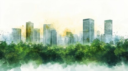 Obraz premium Watercolor Cityscape with Lush Green Trees and Warm Sky