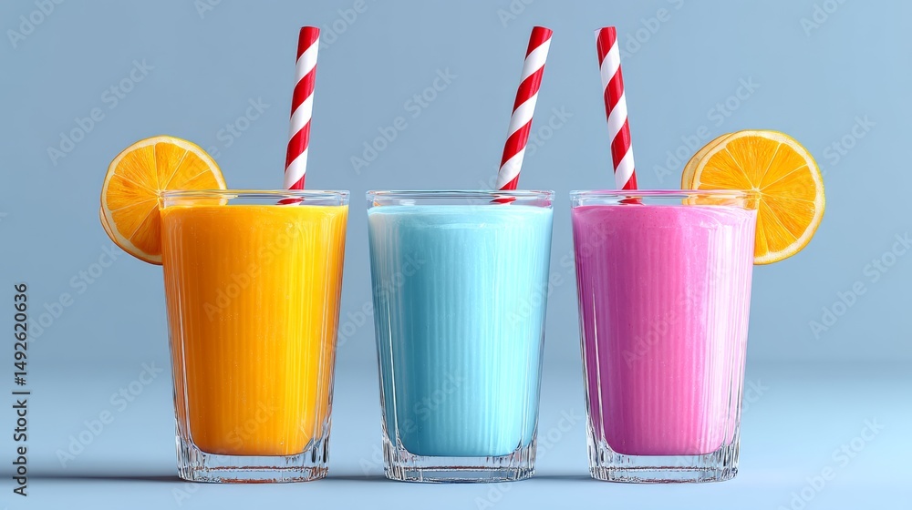 Poster three colorful drinks with straws and a slice of orange on top. the drinks are in tall glasses and a