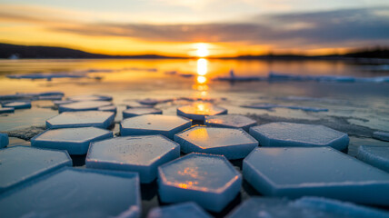 Fototapeta premium Hexagonal Ice Floes on a Lake at Sunset