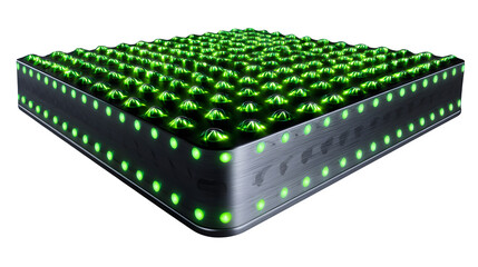 3D trend analysis board with metallic grid and animated points, neon green and black, angled front camera