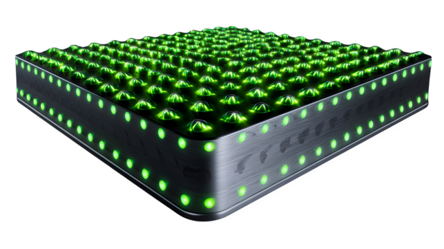 3D trend analysis board with metallic grid and animated points, neon green and black, angled front camera