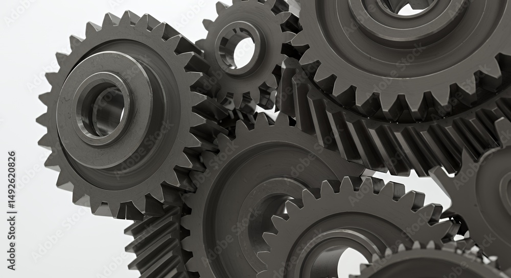 Poster close up metallic interlocking cogwheels in varying sizes against white background showcasing mechan