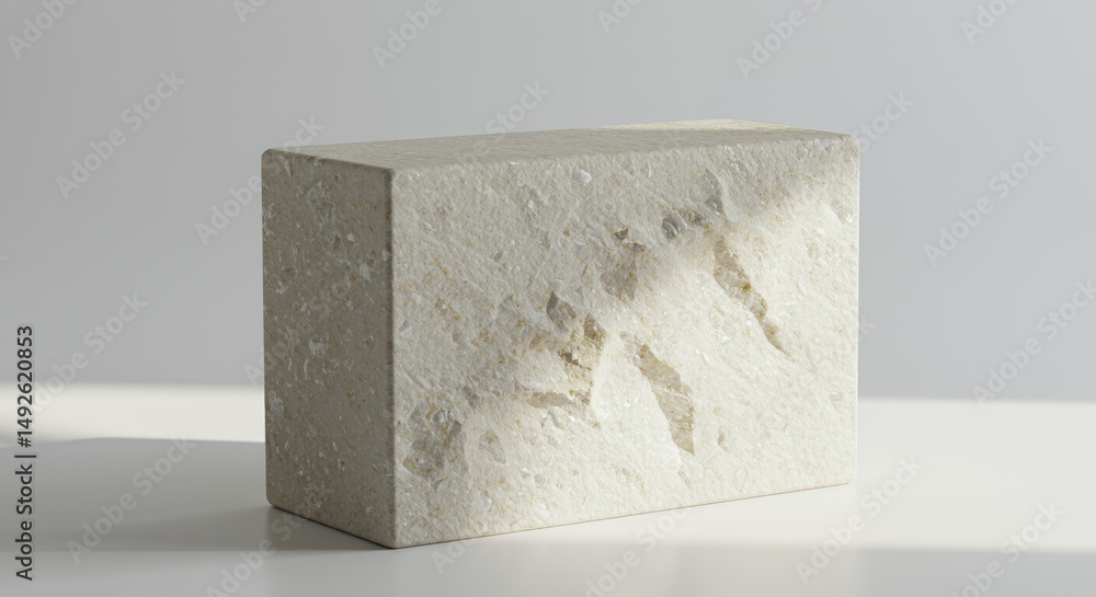 Poster close up of rough pale stone rectangular prism with granular texture isolated on white background