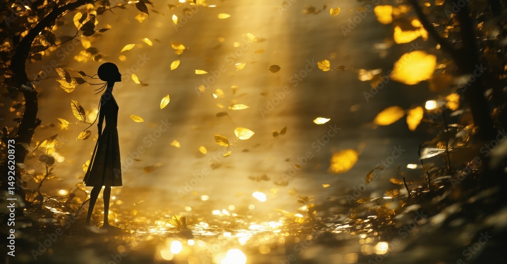 Poster silhouette stands amid golden foliage. light streams through trees, creating dreamy, ethereal scene.